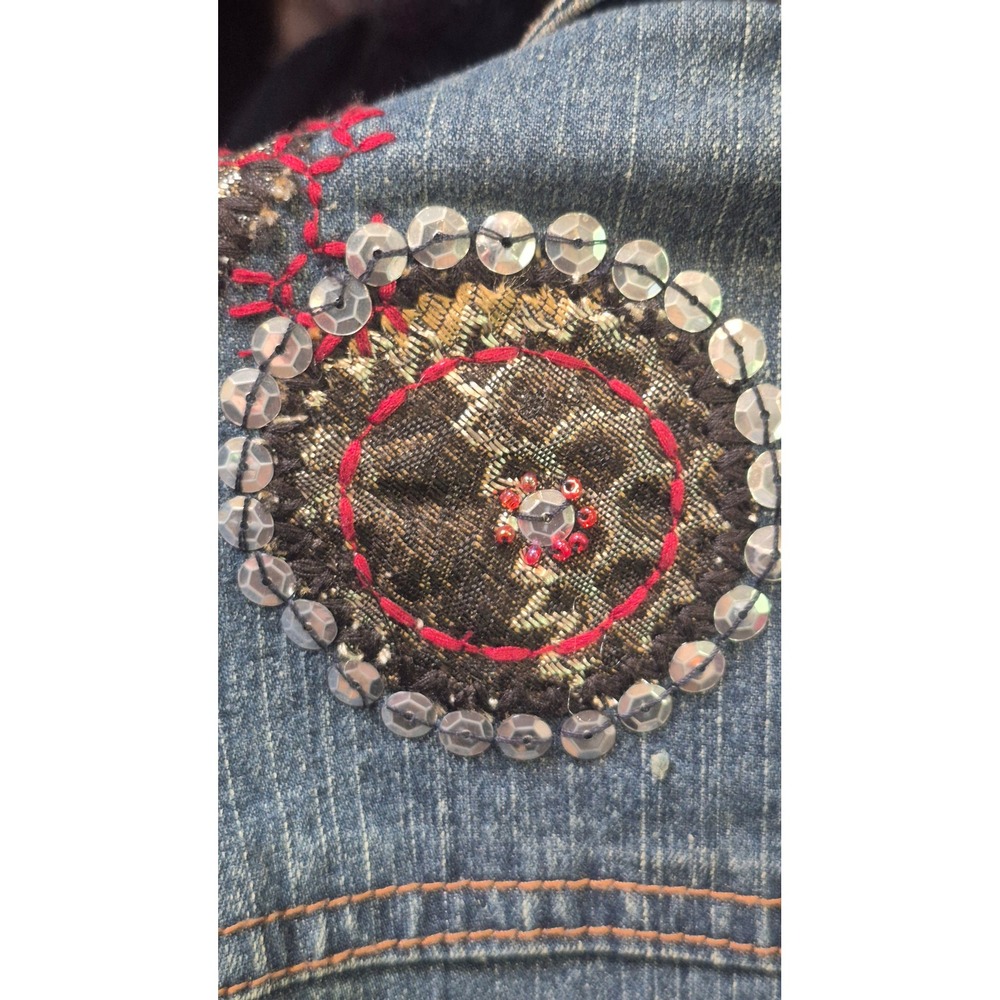 Boho Boutique Western Denim Jacket Embellished Embroidery Rhinestone Blue 14 L - Picture 9 of 12